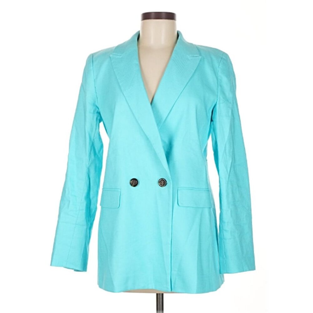 Ann Taylor Double Breasted Linen Blend Blazer in Bright Carribean Blue